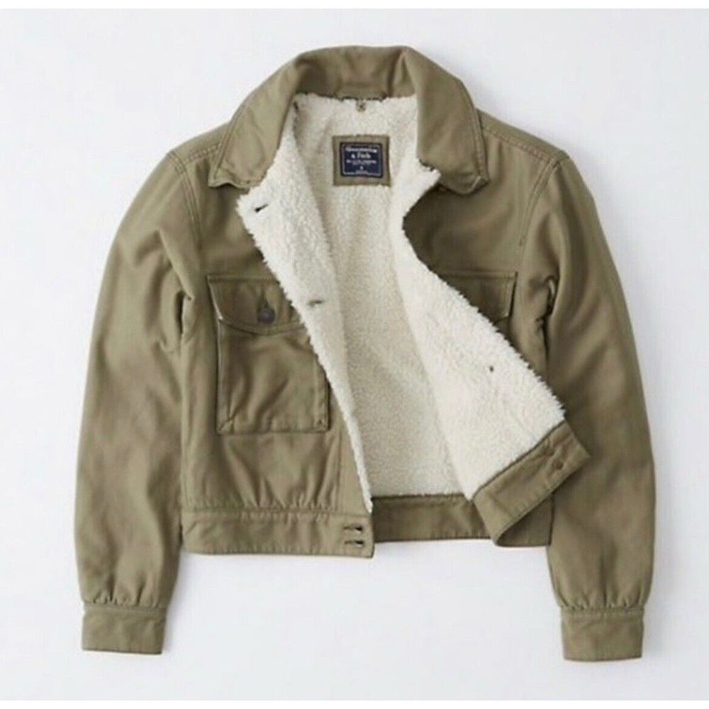Abercrombie & Fitch Utility‎ Jacket Women Small Army Green Cropped Sherpa Lined